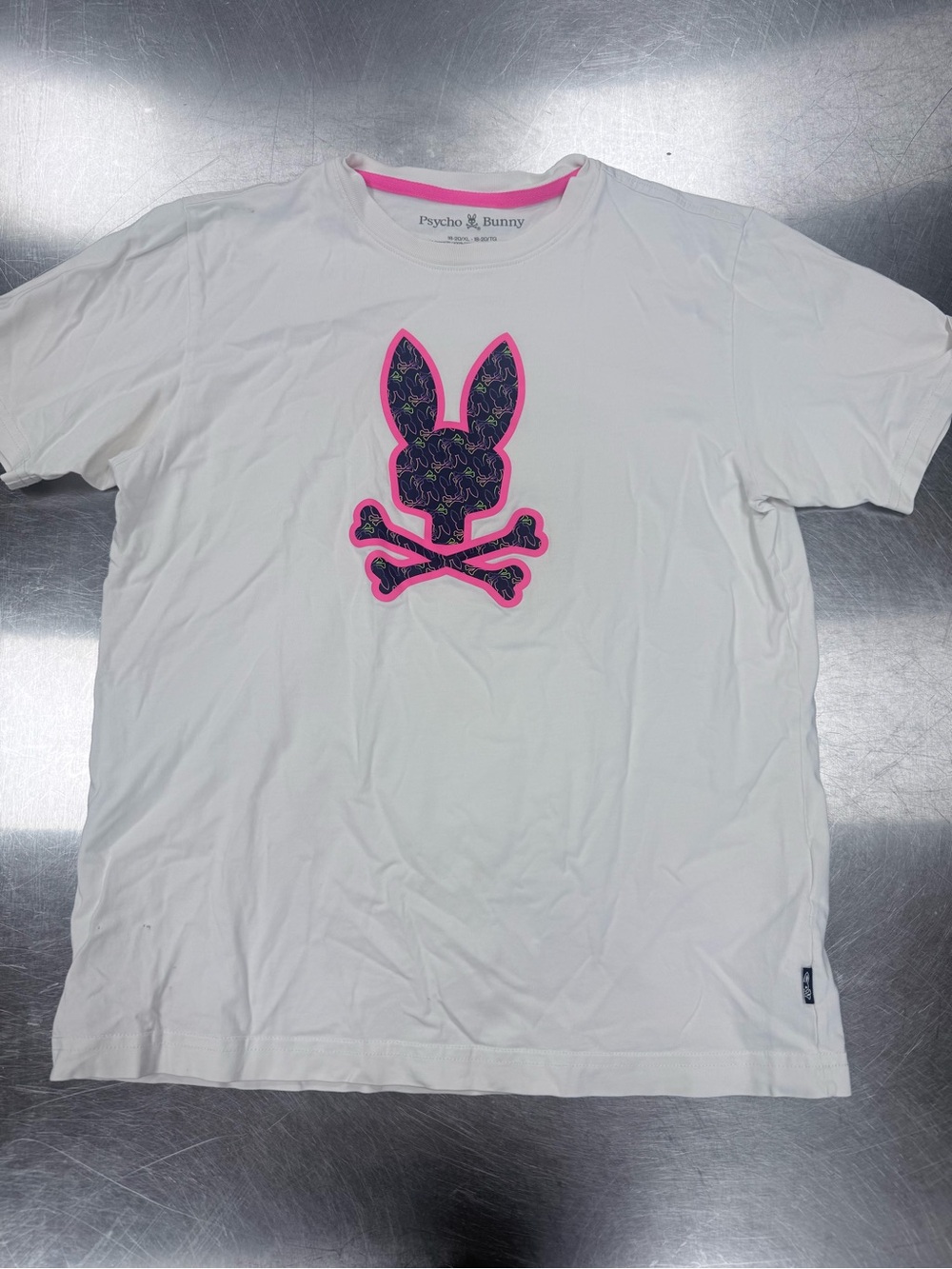 Psycho Bunny Kids White Tee with Pink-Trim Navy Bunny Skull